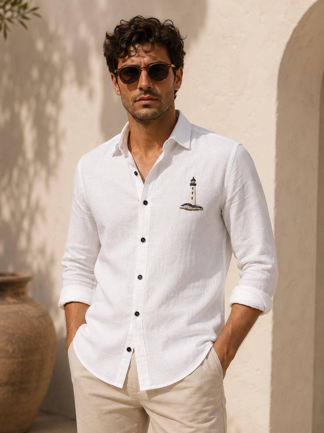 AmsterLily Coastal Beacon White Linen Blend Shirt