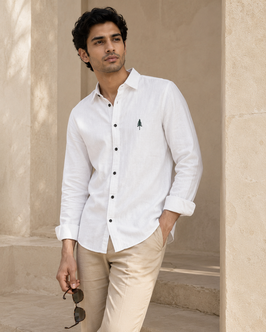 AmsterLily Men’s Linen Shirt with Pine Tree Embroidery – Regular Fit