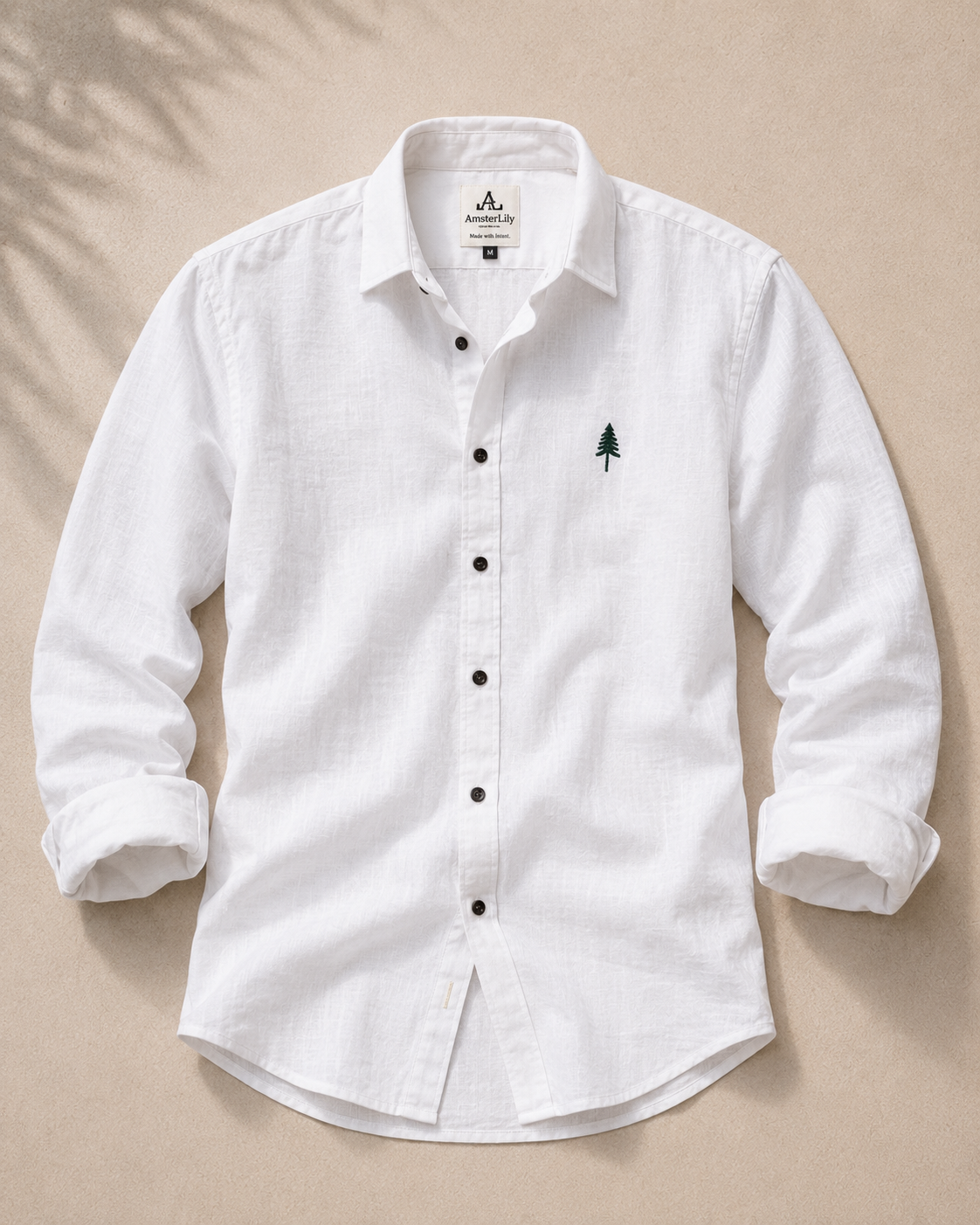 AmsterLily Men’s Linen Shirt with Pine Tree Embroidery – Regular Fit
