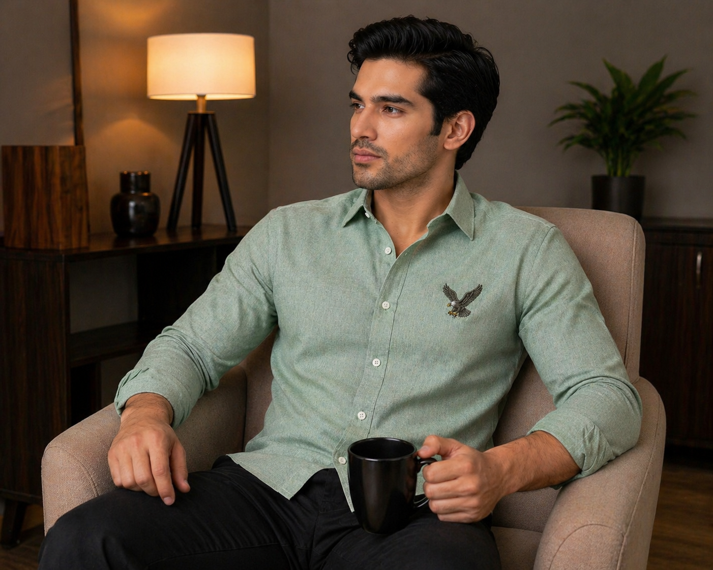 AmsterLily Men’s Linen Shirt with Eagle Embroidery – Regular Fit