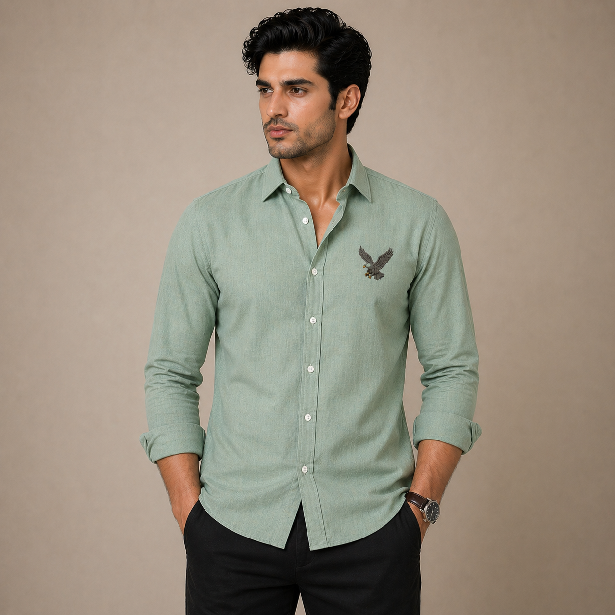 AmsterLily Men’s Linen Shirt with Eagle Embroidery – Regular Fit