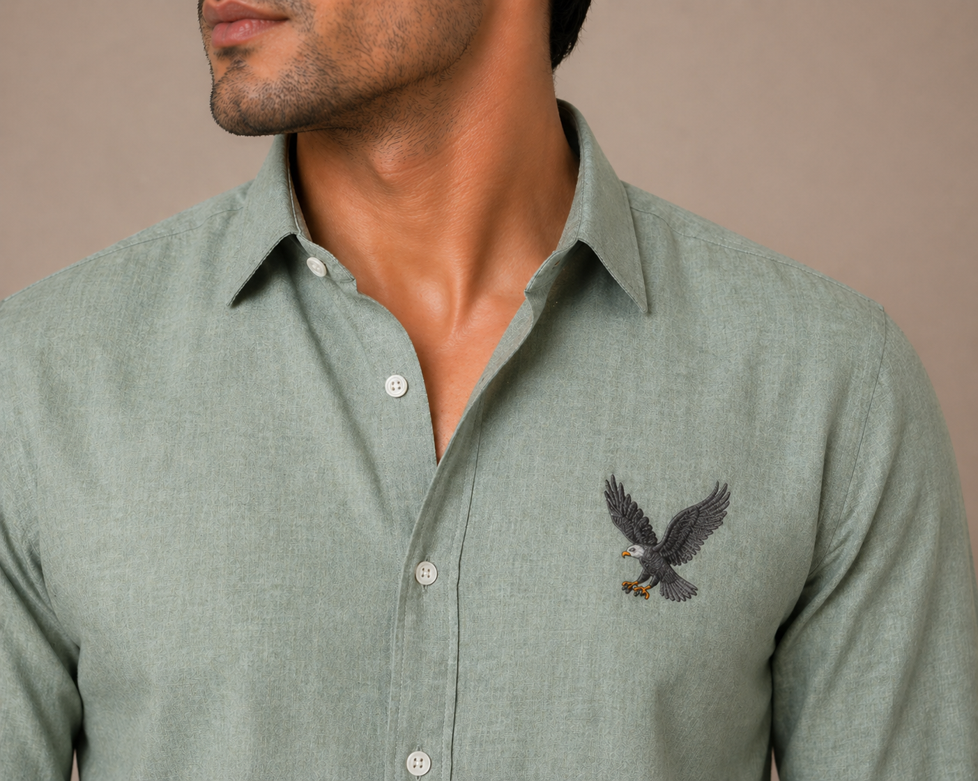 AmsterLily Men’s Linen Shirt with Eagle Embroidery – Regular Fit