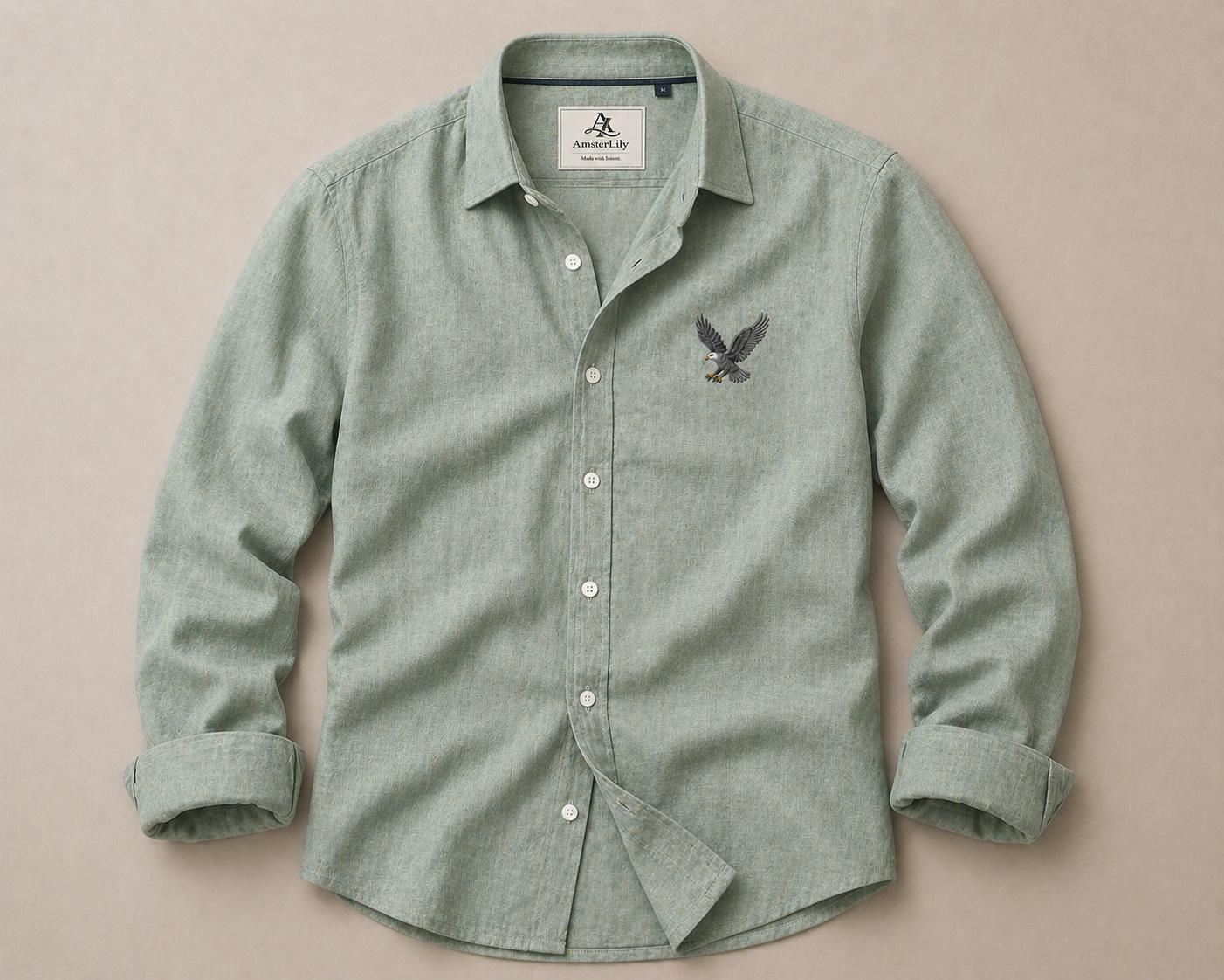AmsterLily Men’s Linen Shirt with Eagle Embroidery – Regular Fit