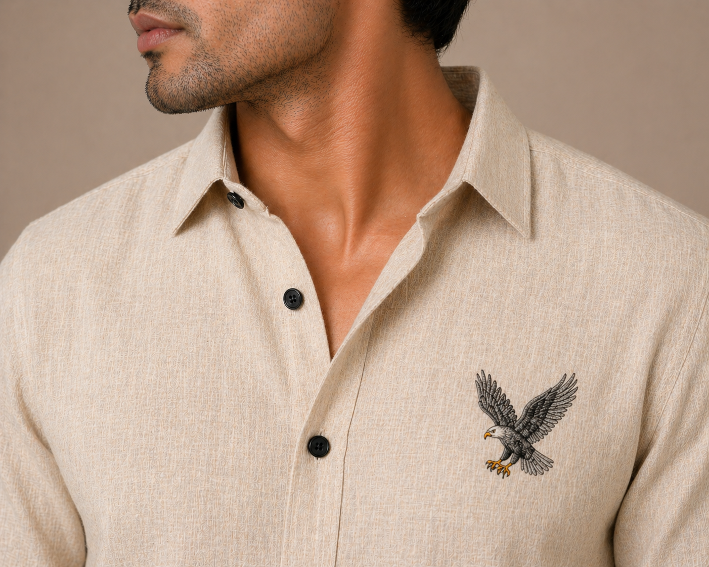 AmsterLily Men’s Linen Shirt with Eagle Embroidery – Regular Fit