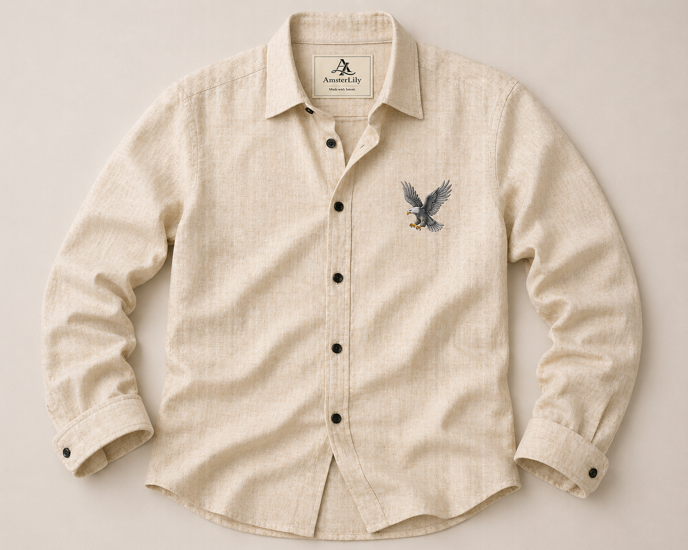 AmsterLily Men’s Linen Shirt with Eagle Embroidery – Regular Fit