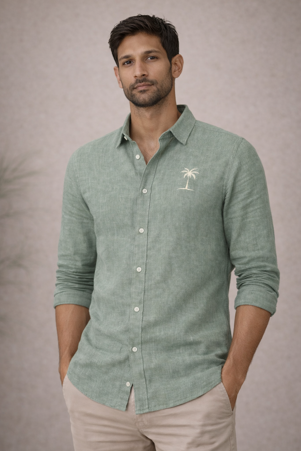 AmsterLily Men’s Linen Shirt with Coconut Tree Embroidery – Regular Fit
