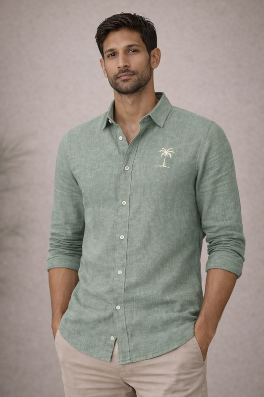 AmsterLily Men’s Linen Shirt with Coconut Tree Embroidery – Regular Fit