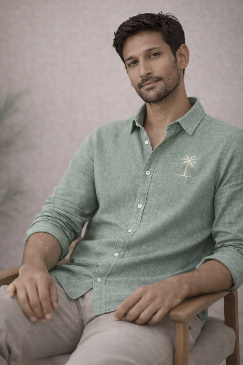 AmsterLily Men’s Linen Shirt with Coconut Tree Embroidery – Regular Fit