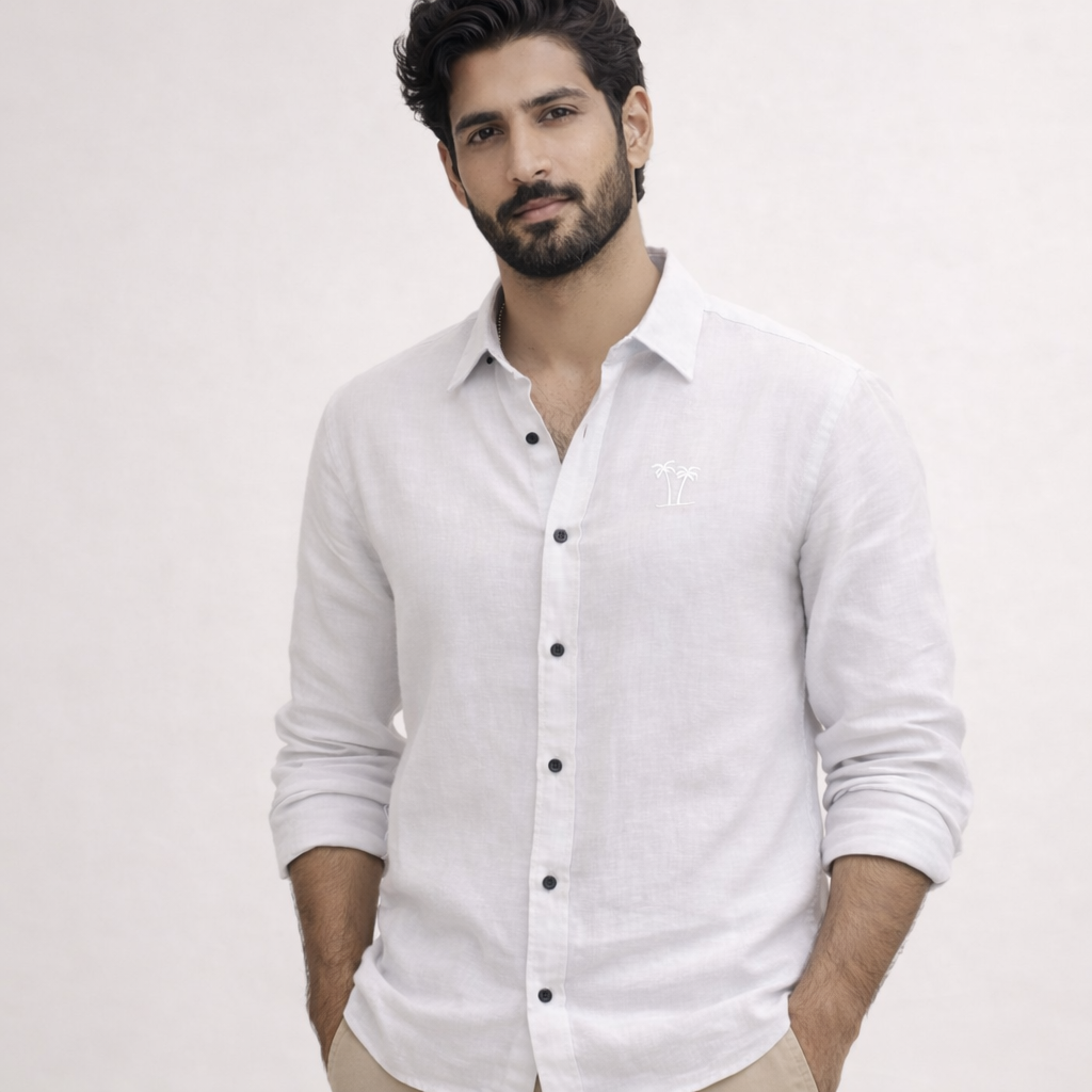 AmsterLily Men’s Linen Shirt with Dual Coconut Tree Embroidery – Regular Fit