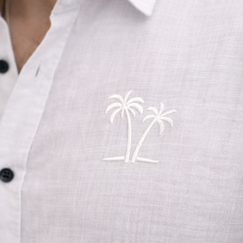 AmsterLily Men’s Linen Shirt with Dual Coconut Tree Embroidery – Regular Fit