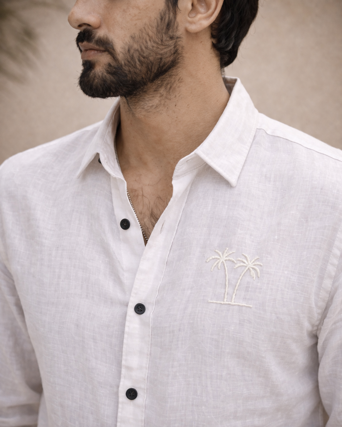 AmsterLily Men’s Linen Shirt with Dual Coconut Tree Embroidery – Regular Fit