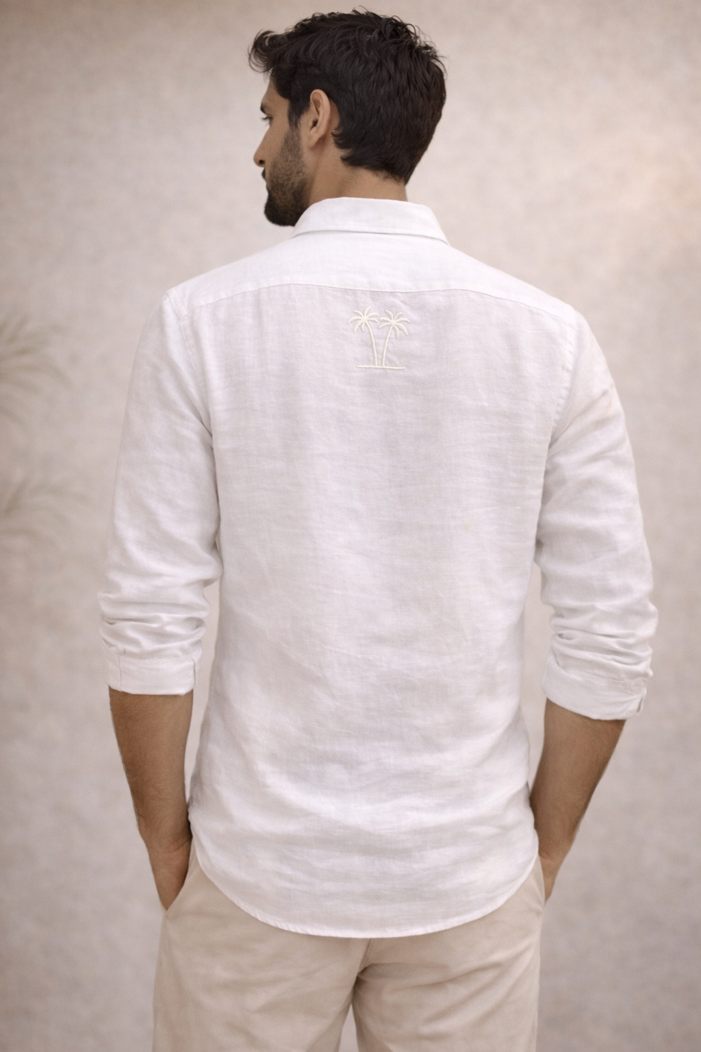 AmsterLily Men’s Linen Shirt with Dual Coconut Tree Embroidery – Regular Fit