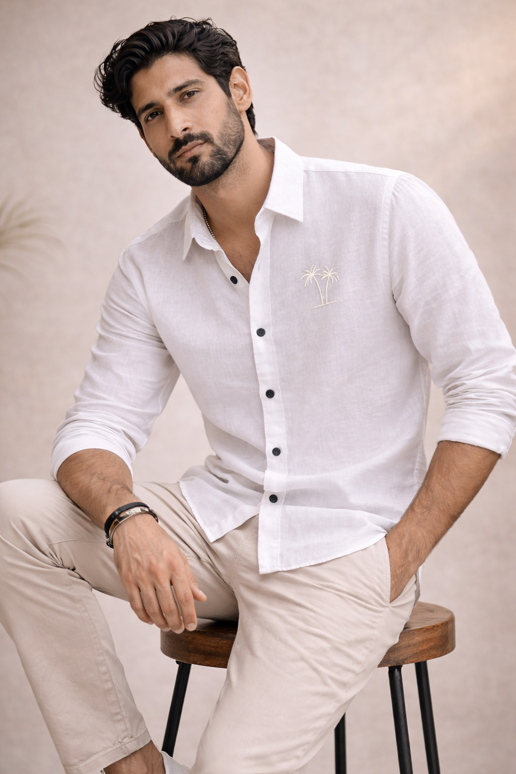 AmsterLily Men’s Linen Shirt with Dual Coconut Tree Embroidery – Regular Fit