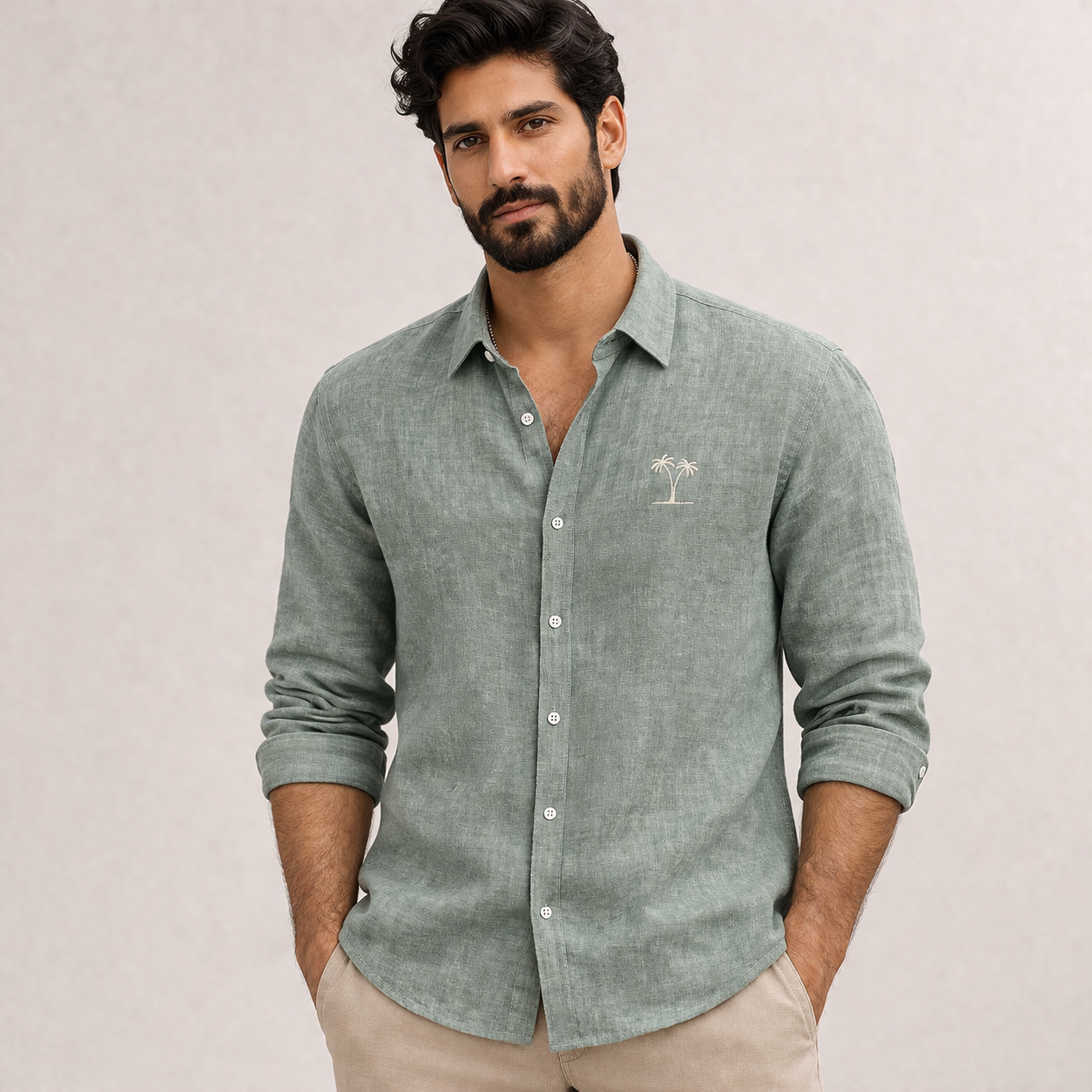 AmsterLily Men’s Linen Shirt with Dual Coconut Tree Embroidery – Regular Fit