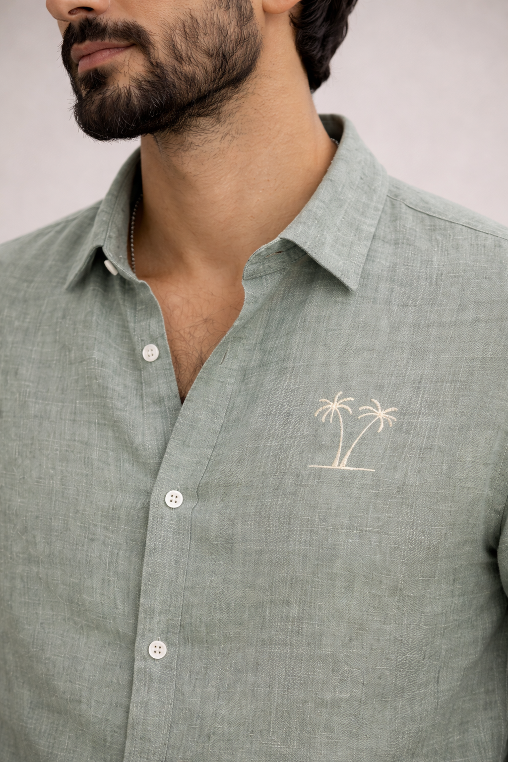 AmsterLily Men’s Linen Shirt with Dual Coconut Tree Embroidery – Regular Fit