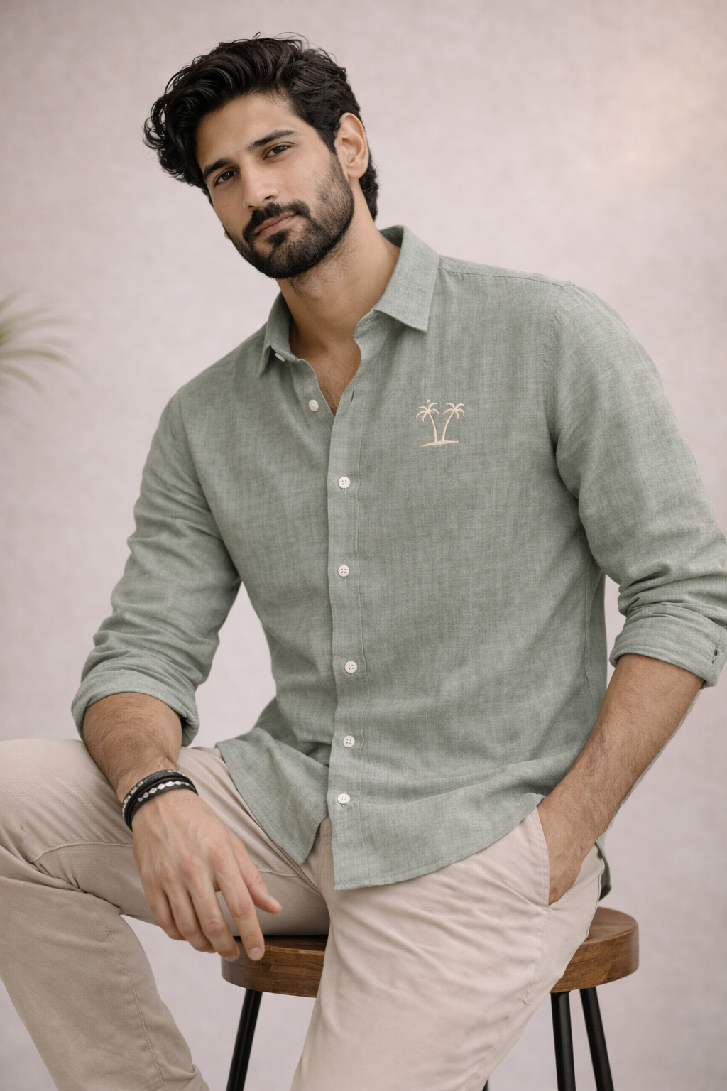 AmsterLily Men’s Linen Shirt with Dual Coconut Tree Embroidery – Regular Fit