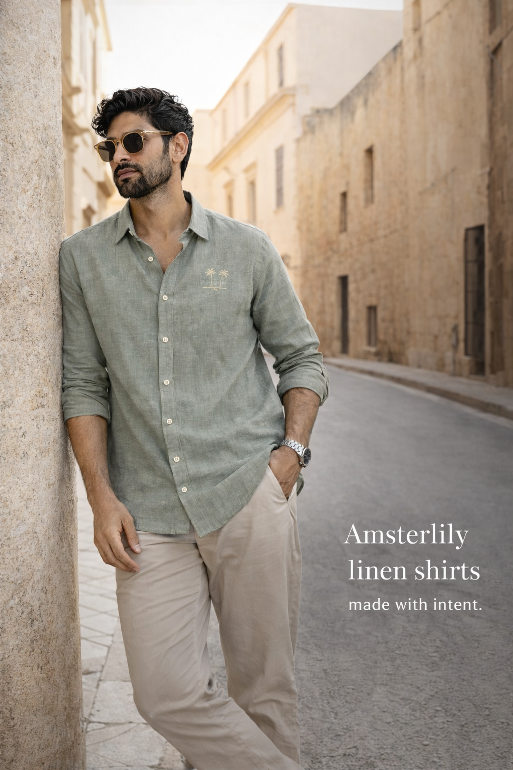 AmsterLily Men’s Linen Shirt with Dual Coconut Tree Embroidery – Regular Fit