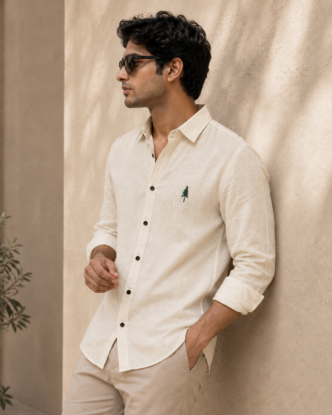 AmsterLily Men’s Linen Shirt with Pine Tree Embroidery – Regular Fit