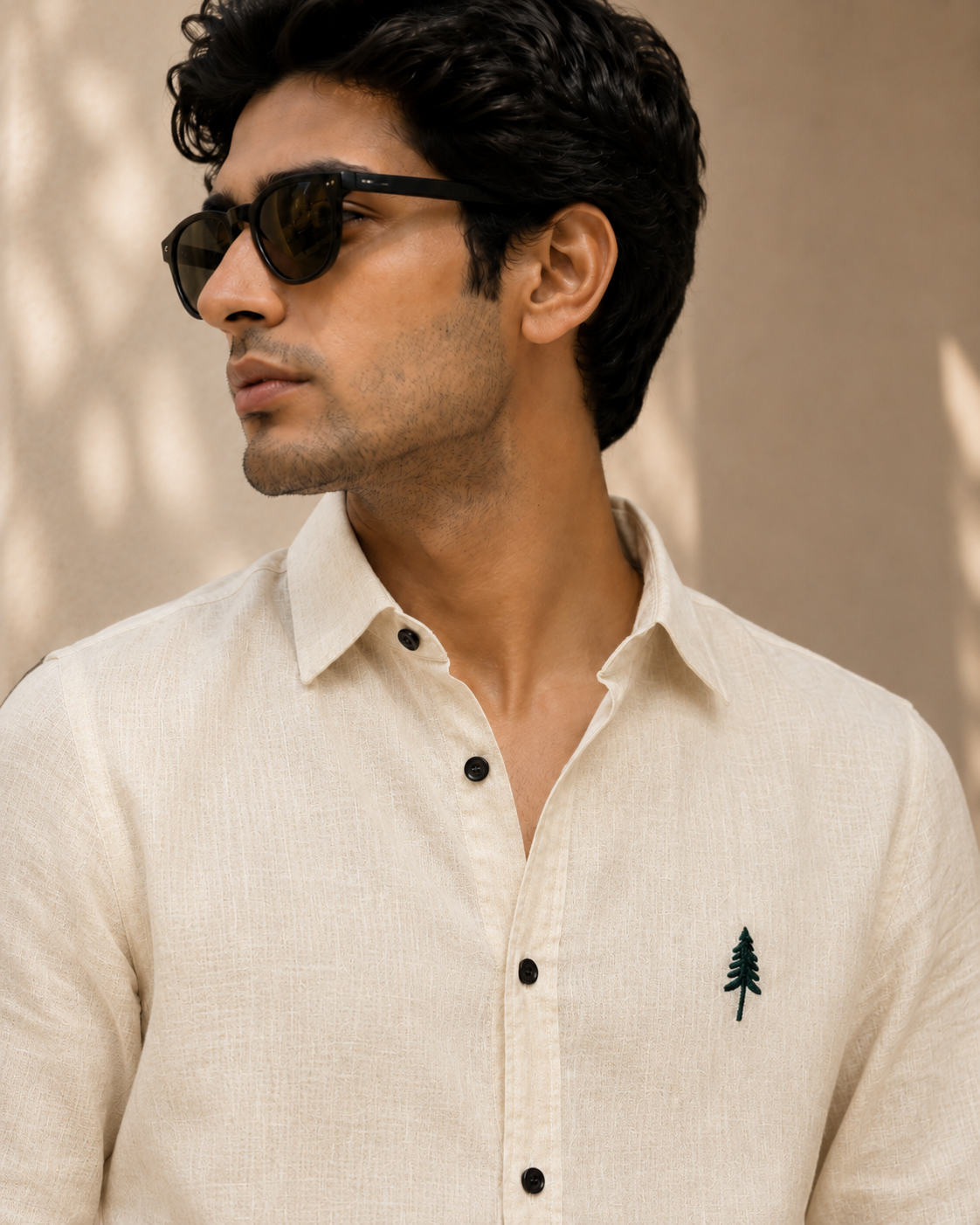 AmsterLily Men’s Linen Shirt with Pine Tree Embroidery – Regular Fit