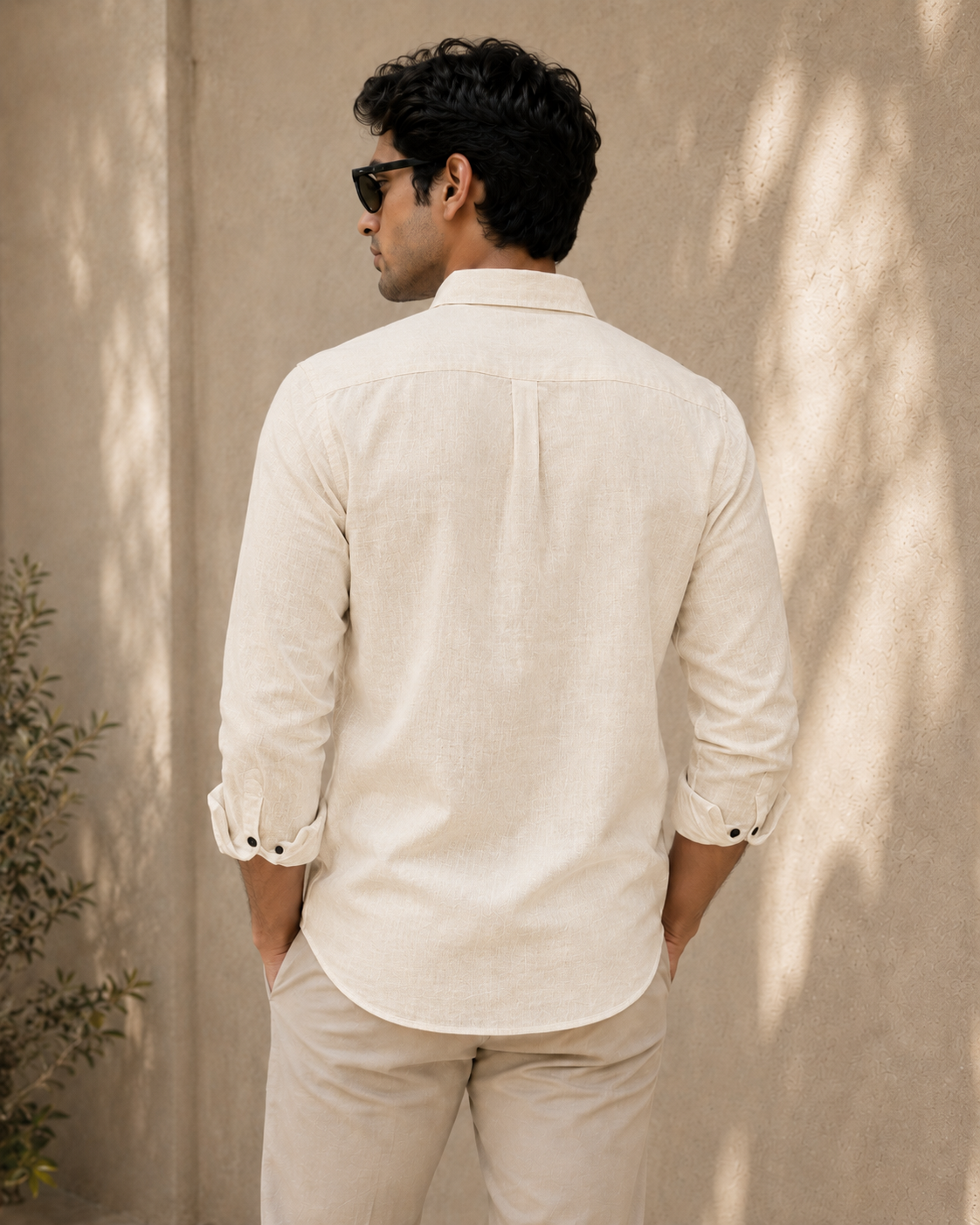 AmsterLily Men’s Linen Shirt with Pine Tree Embroidery – Regular Fit