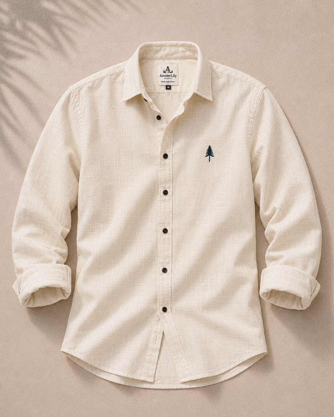 AmsterLily Men’s Linen Shirt with Pine Tree Embroidery – Regular Fit