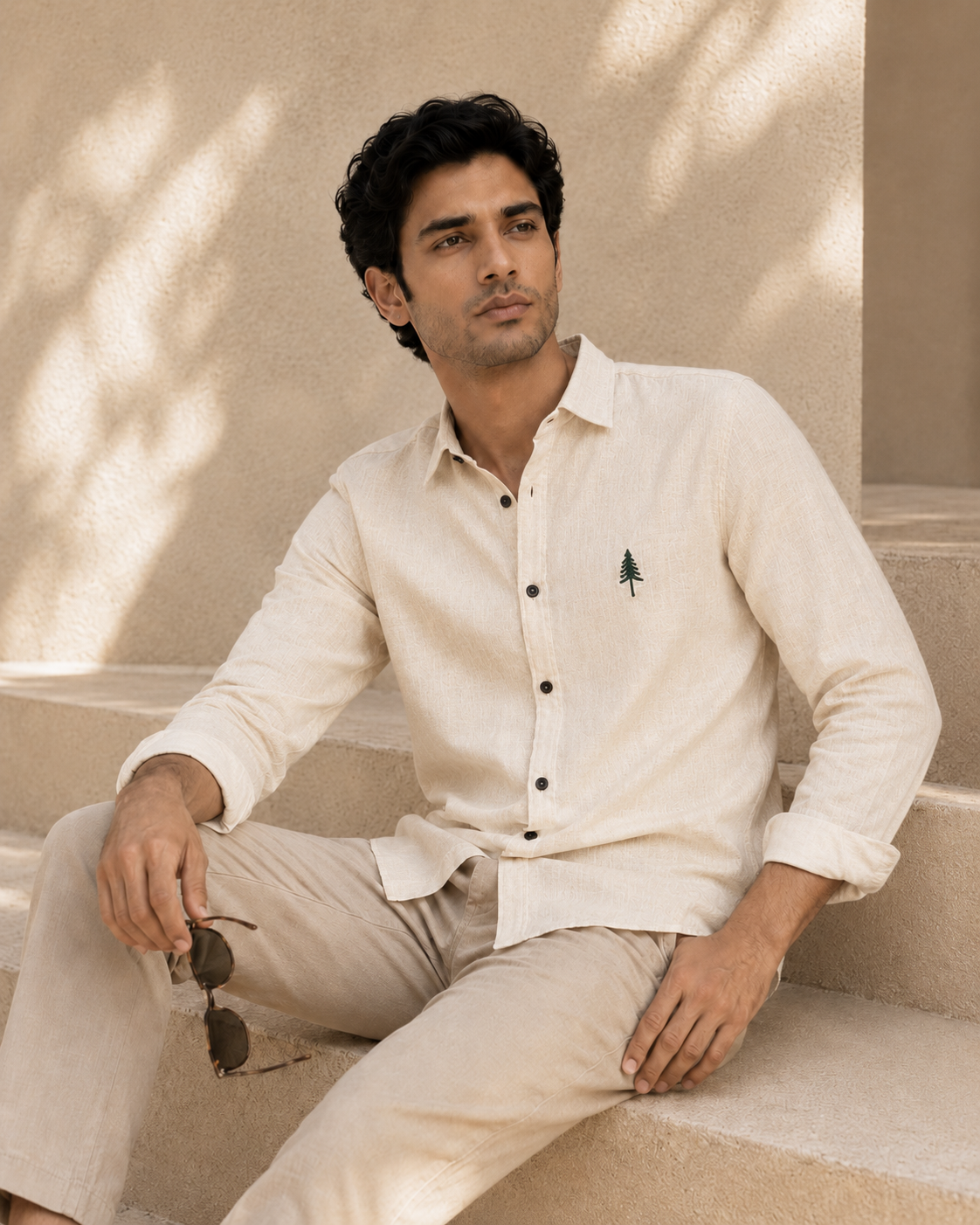 AmsterLily Men’s Linen Shirt with Pine Tree Embroidery – Regular Fit