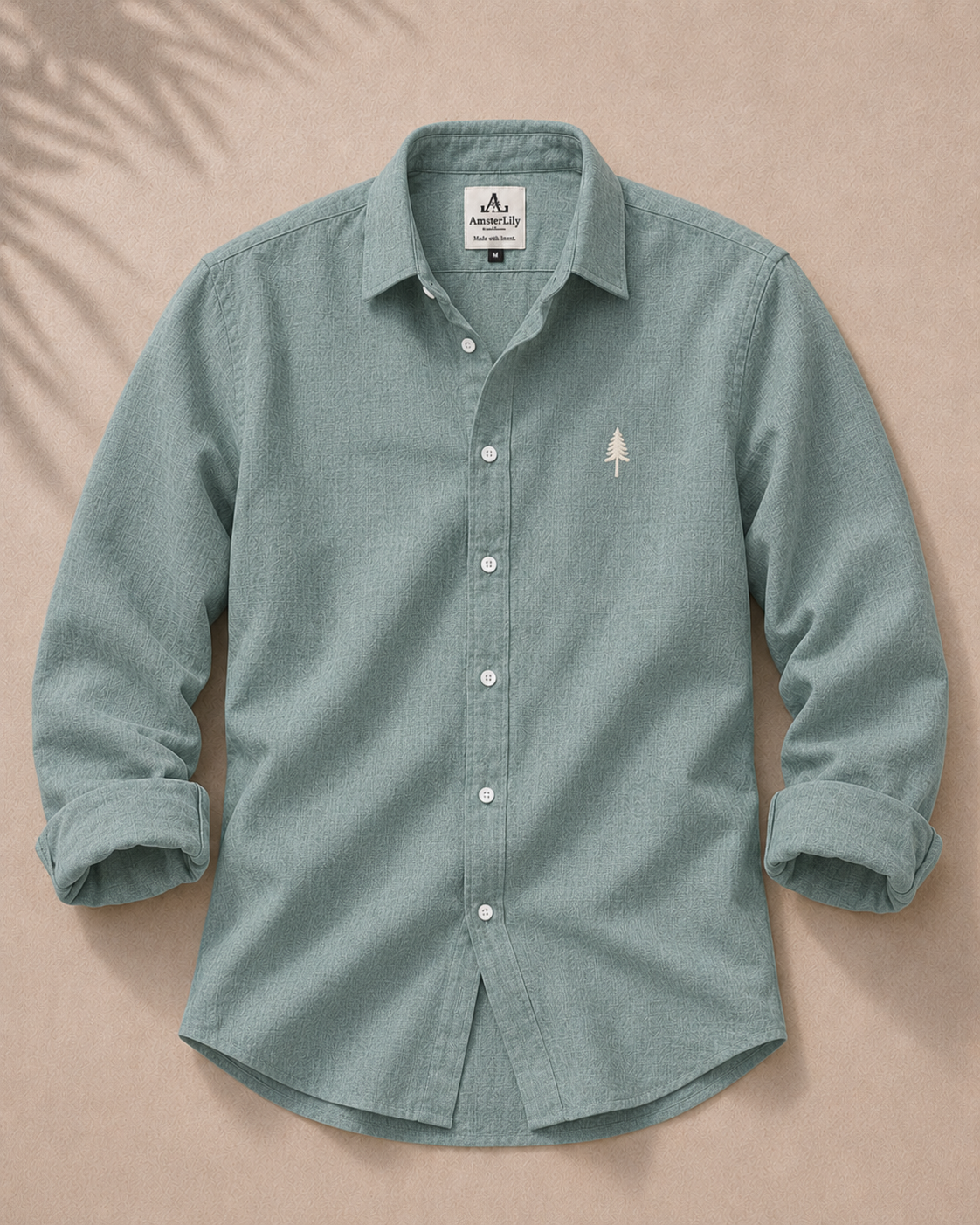 AmsterLily Men’s Linen Shirt with Pine Tree Embroidery – Regular Fit