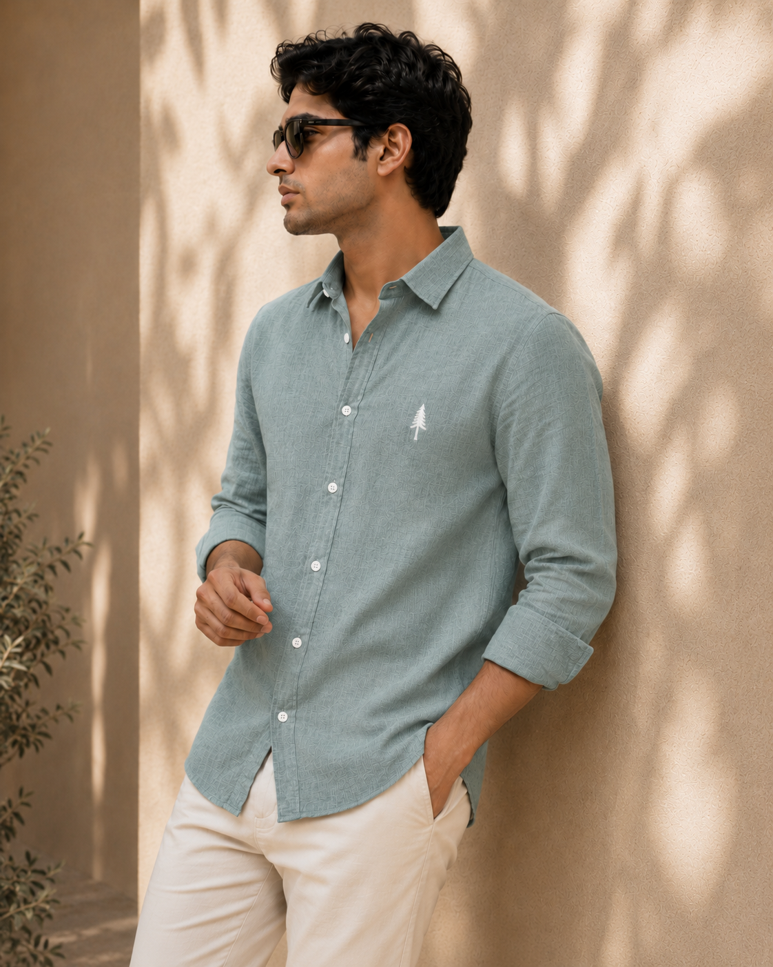 AmsterLily Men’s Linen Shirt with Pine Tree Embroidery – Regular Fit