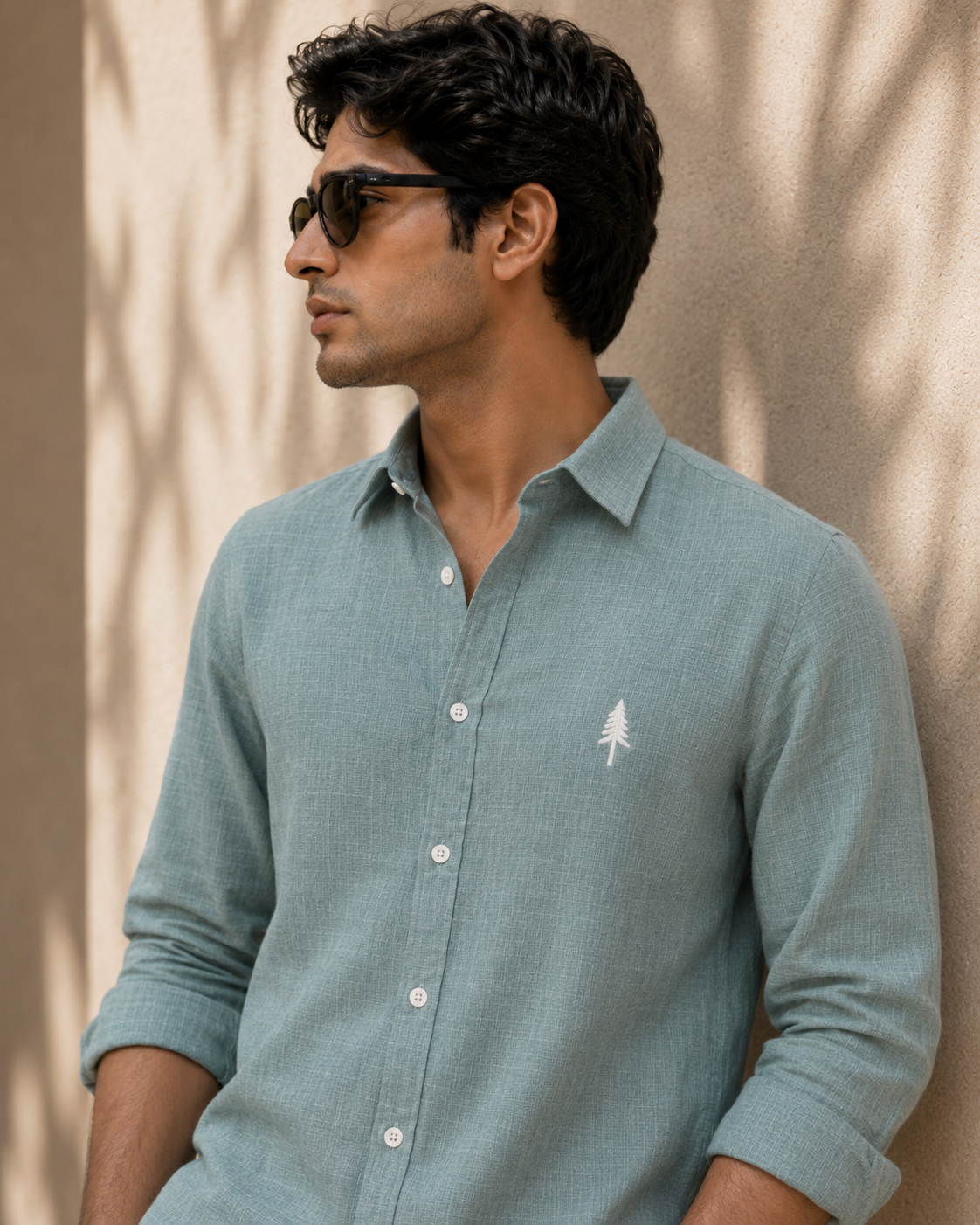 AmsterLily Men’s Linen Shirt with Pine Tree Embroidery – Regular Fit