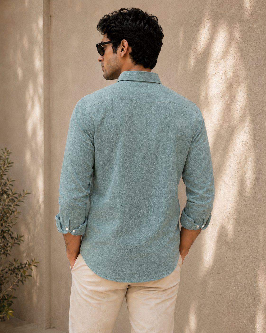 AmsterLily Men’s Linen Shirt with Pine Tree Embroidery – Regular Fit