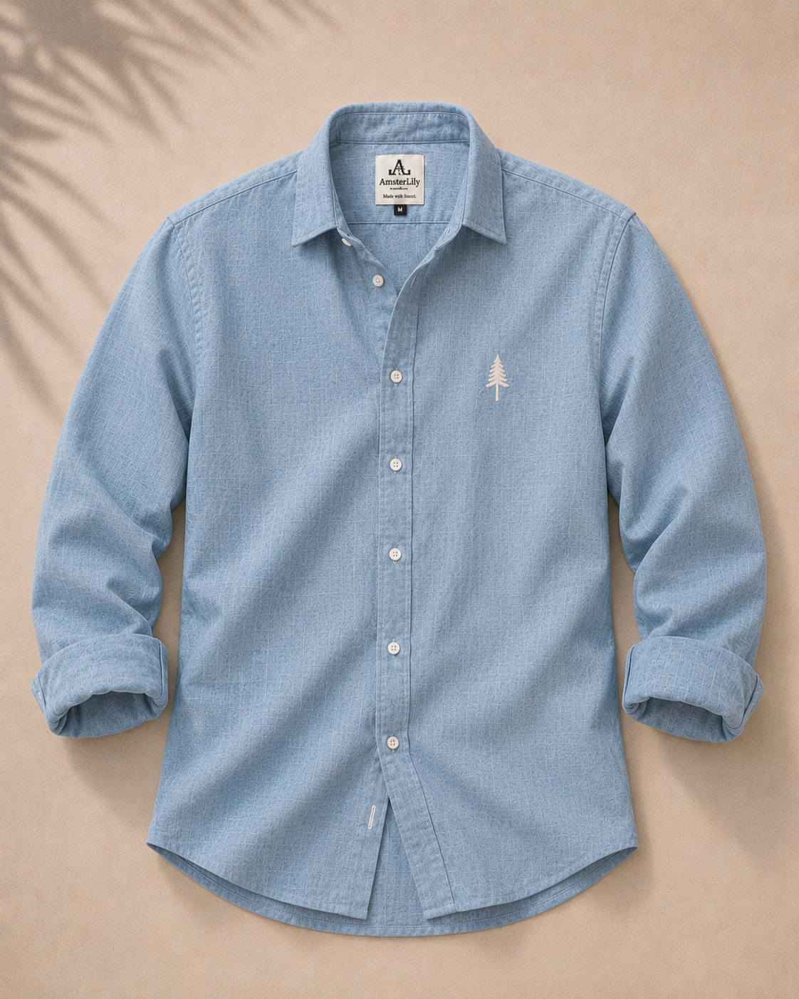 AmsterLily Men’s Linen Shirt with Pine Tree Embroidery – Regular Fit