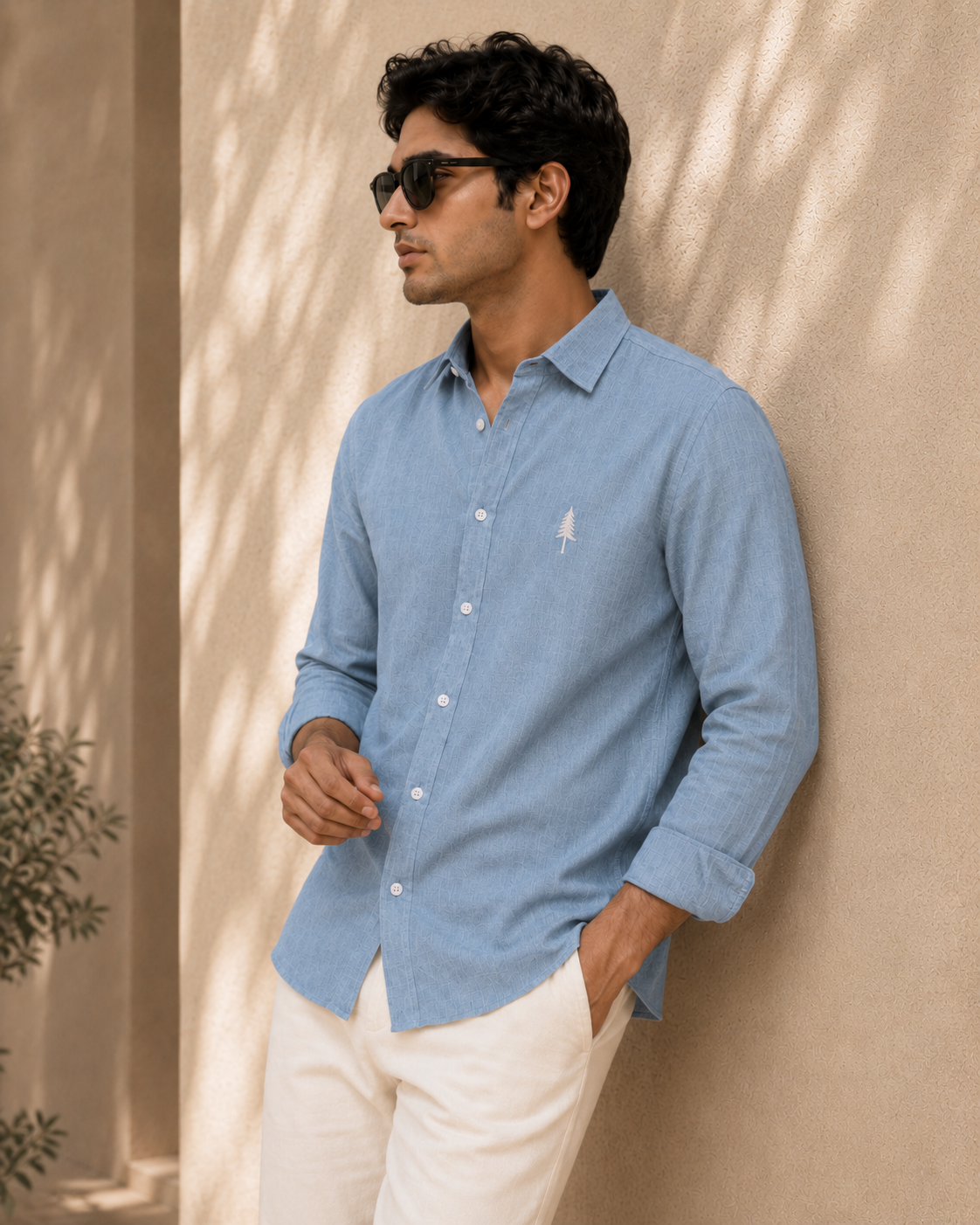 AmsterLily Men’s Linen Shirt with Pine Tree Embroidery – Regular Fit