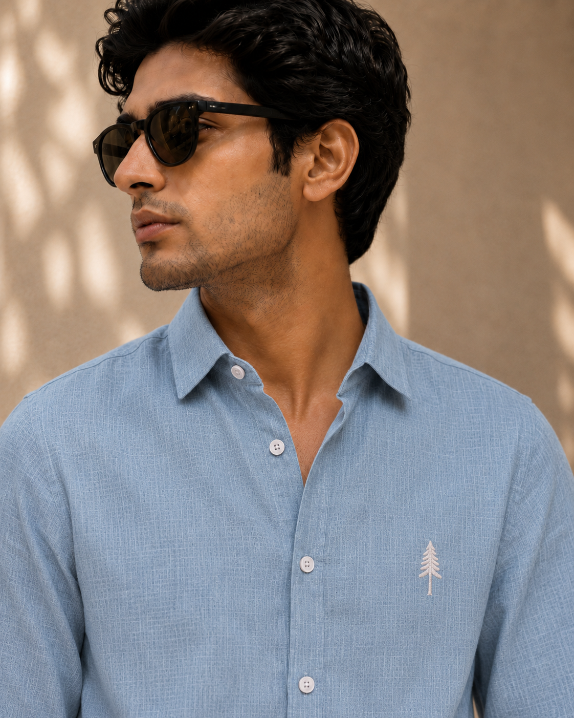 AmsterLily Men’s Linen Shirt with Pine Tree Embroidery – Regular Fit