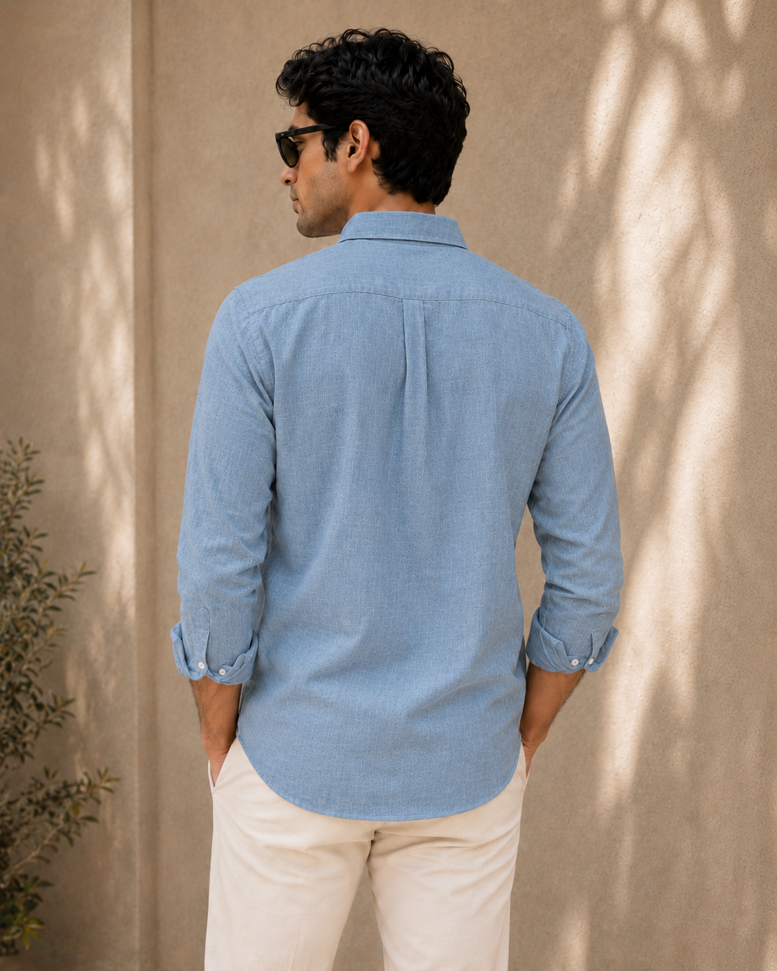 AmsterLily Men’s Linen Shirt with Pine Tree Embroidery – Regular Fit