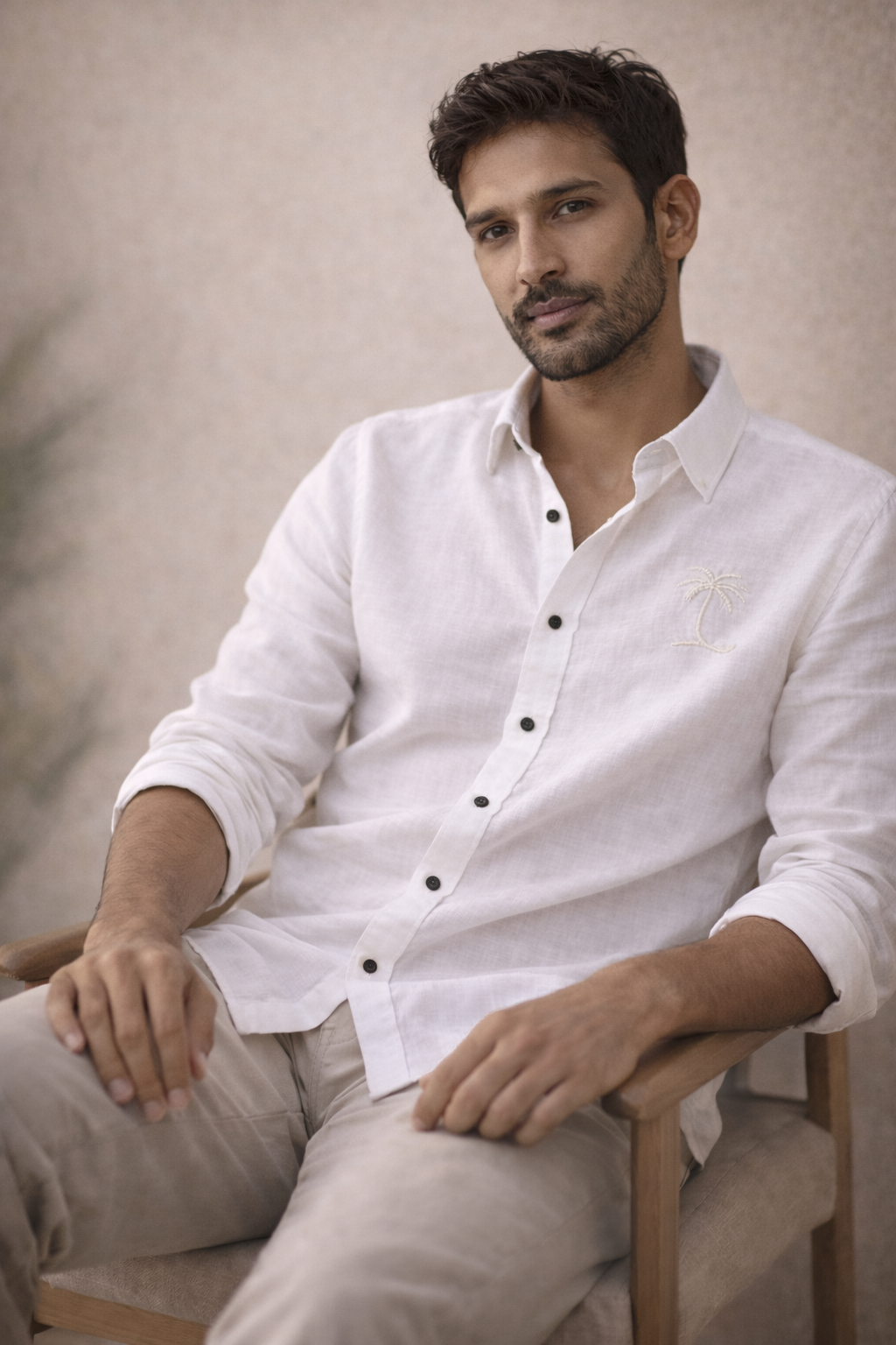 AmsterLily Men’s Linen Shirt with Coconut Tree Embroidery – Regular Fit