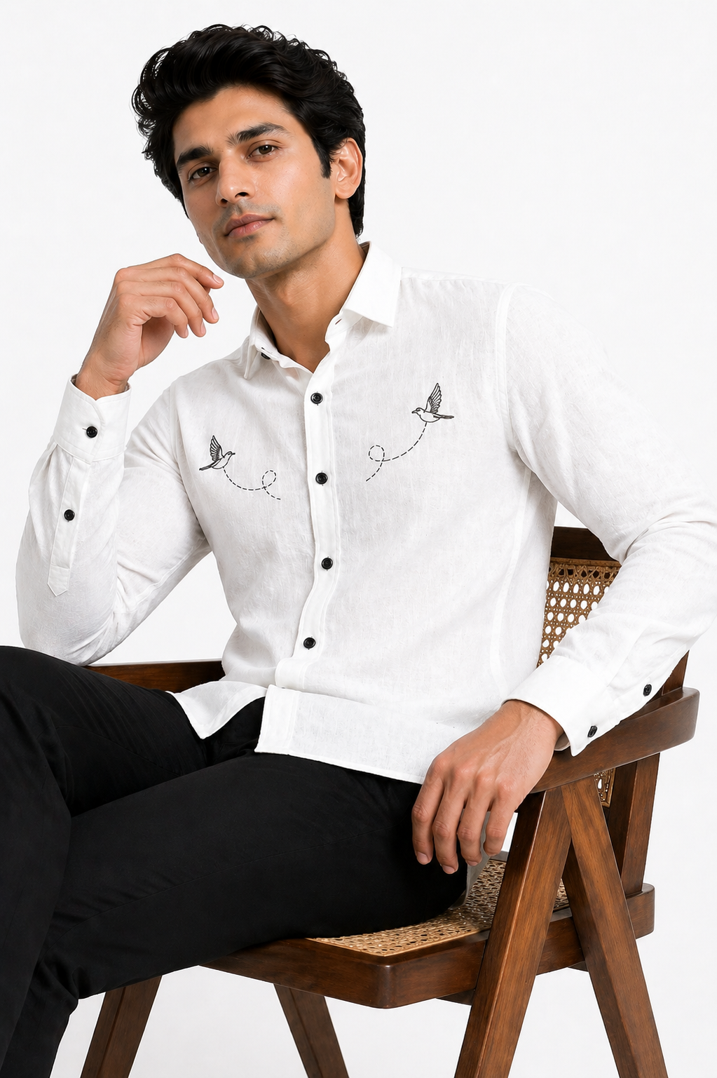 AmsterLily Men’s Linen Shirt with Black Sparrow Embroidery | Regular Fit