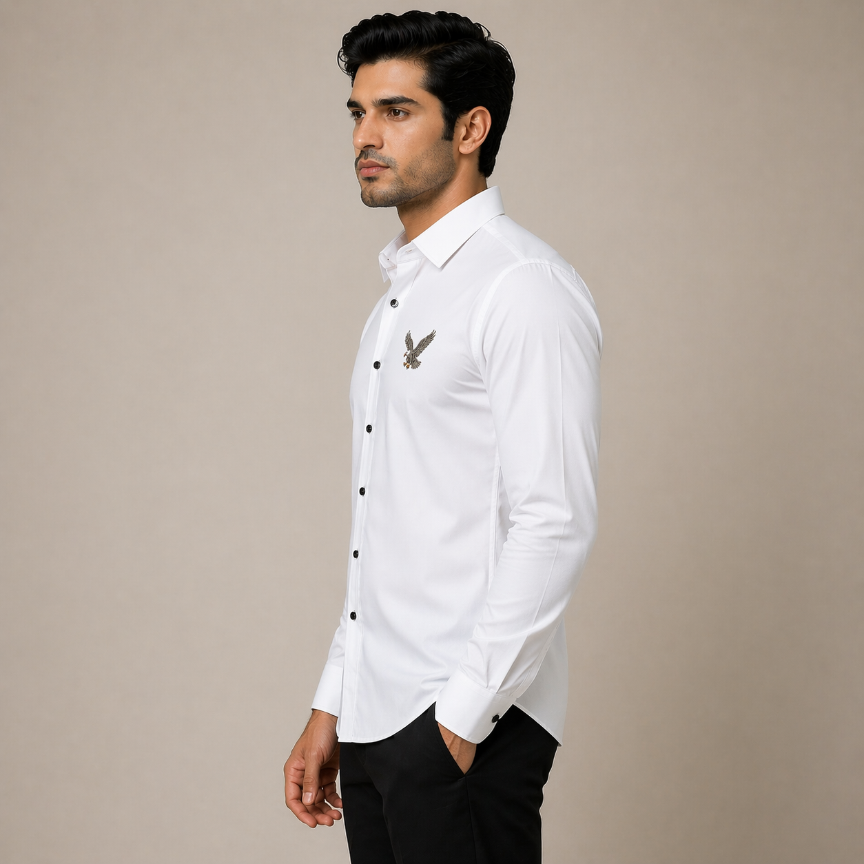 AmsterLily Men’s Linen Shirt with Eagle Embroidery – Regular Fit