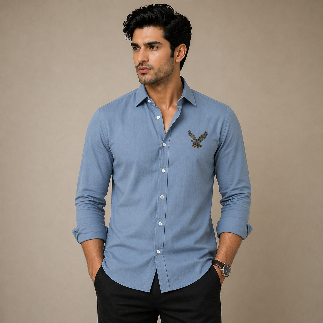 AmsterLily Men’s Linen Shirt with Eagle Embroidery – Regular Fit