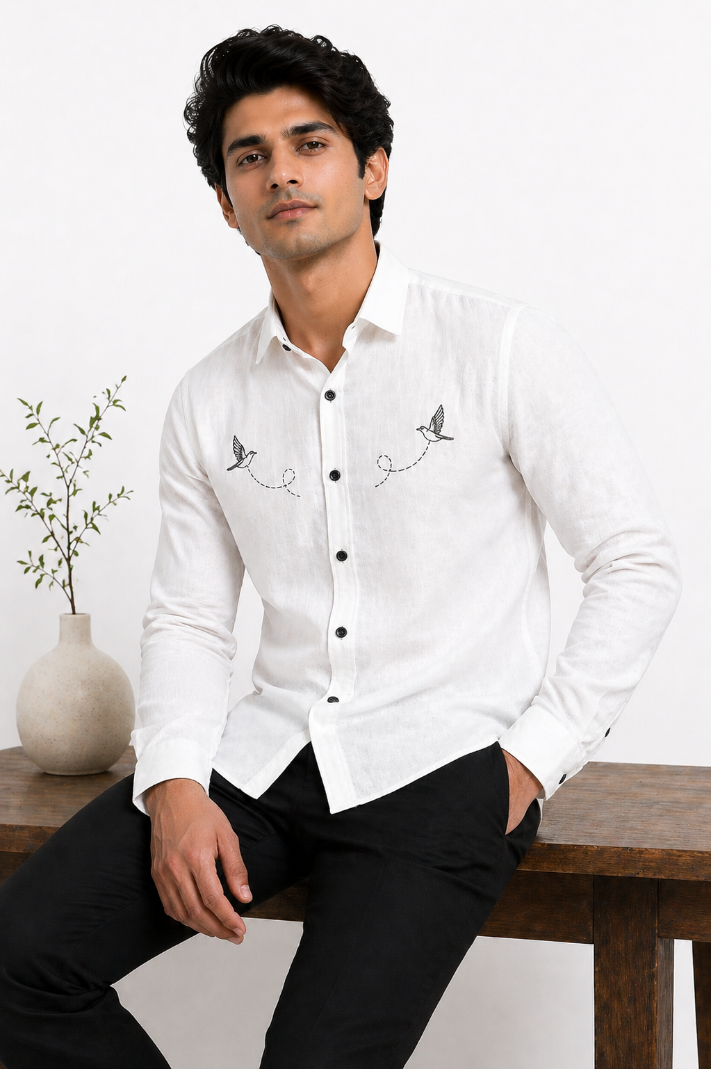 AmsterLily Men’s Linen Shirt with Black Sparrow Embroidery | Regular Fit