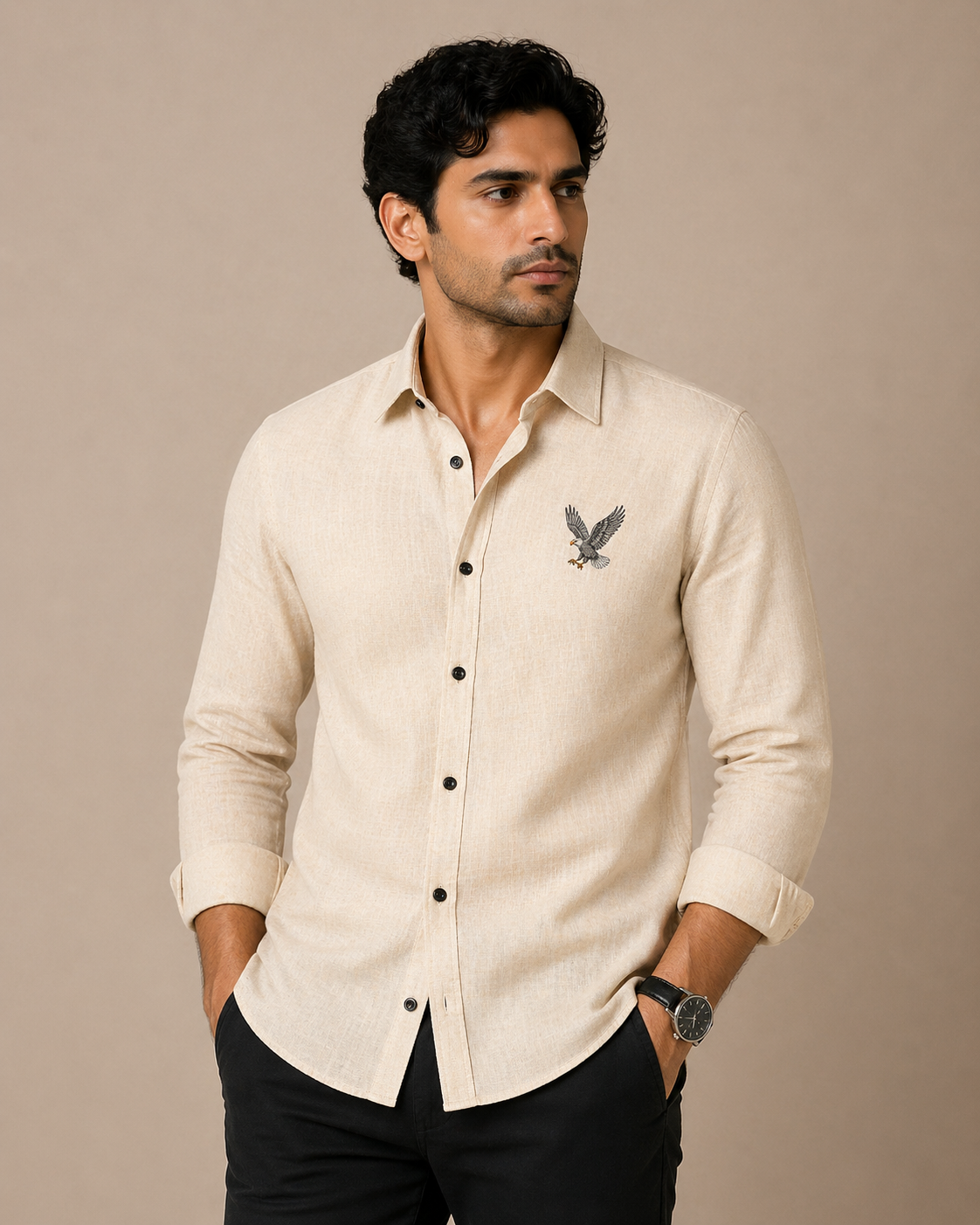 AmsterLily Men’s Linen Shirt with Eagle Embroidery – Regular Fit