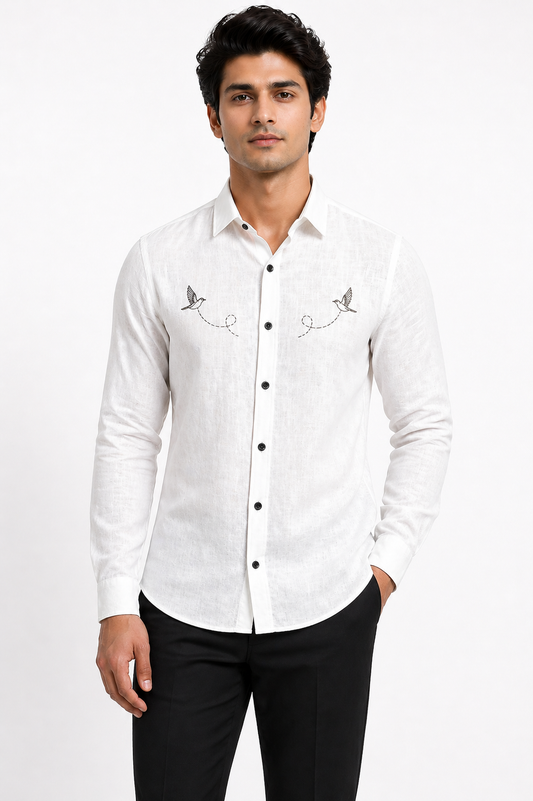 AmsterLily Men’s Linen Shirt with Black Sparrow Embroidery | Regular Fit