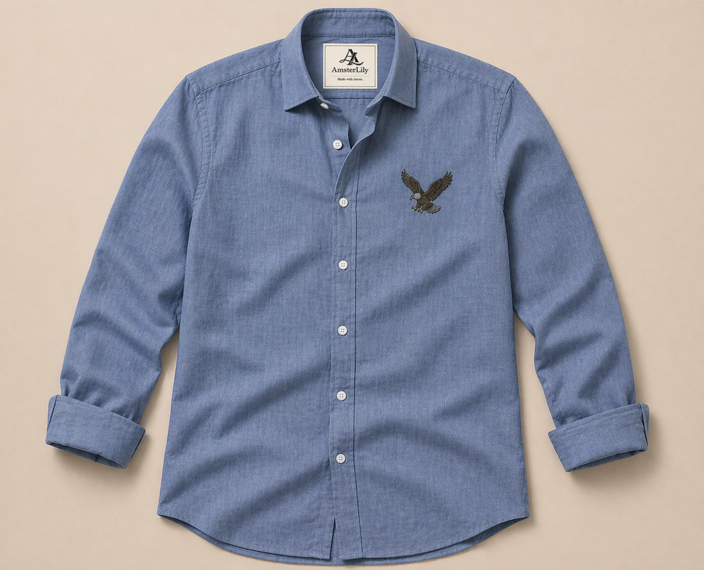 AmsterLily Men’s Linen Shirt with Eagle Embroidery – Regular Fit