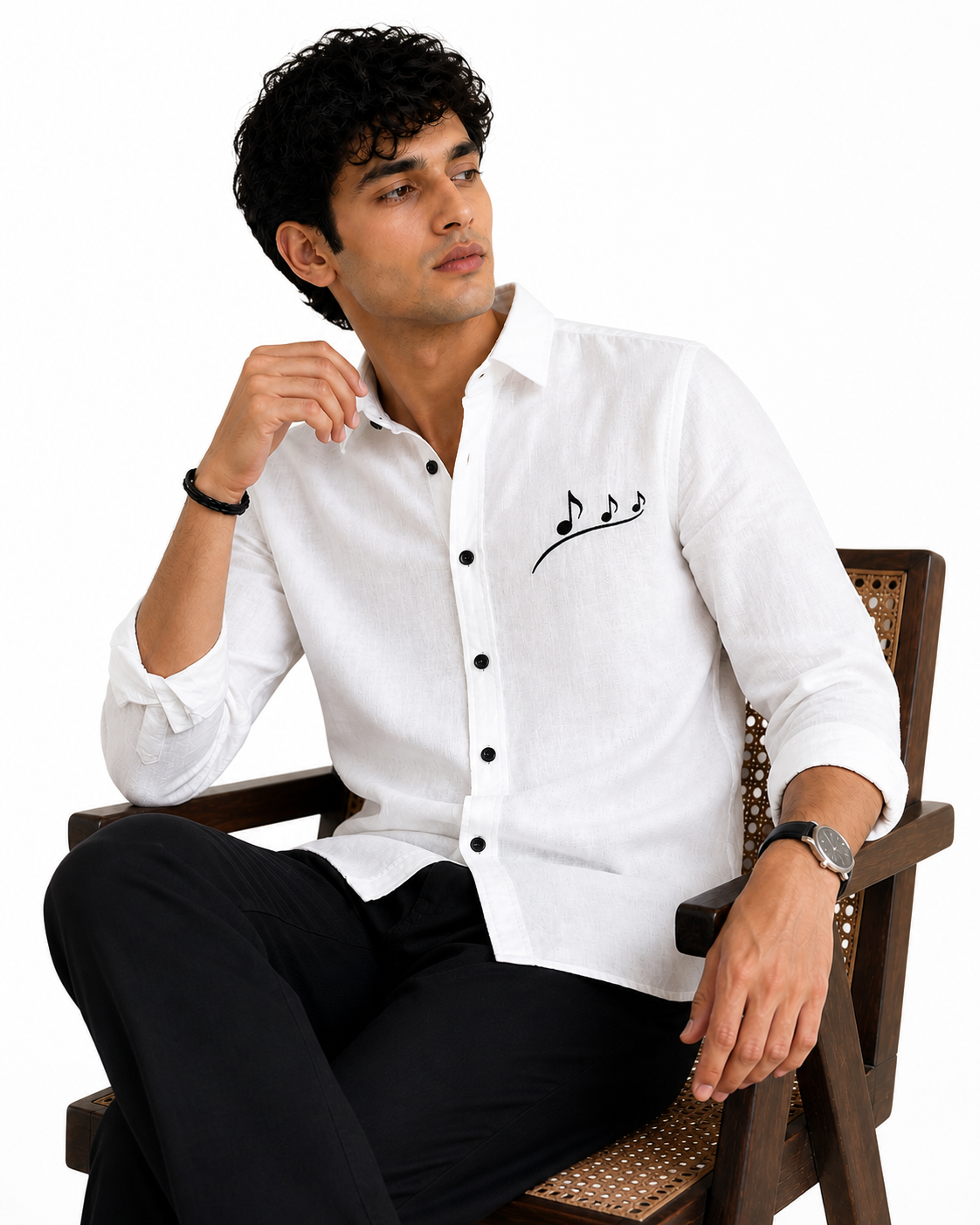 AmsterLily Men’s Linen Shirt with Musical Notes Embroidery