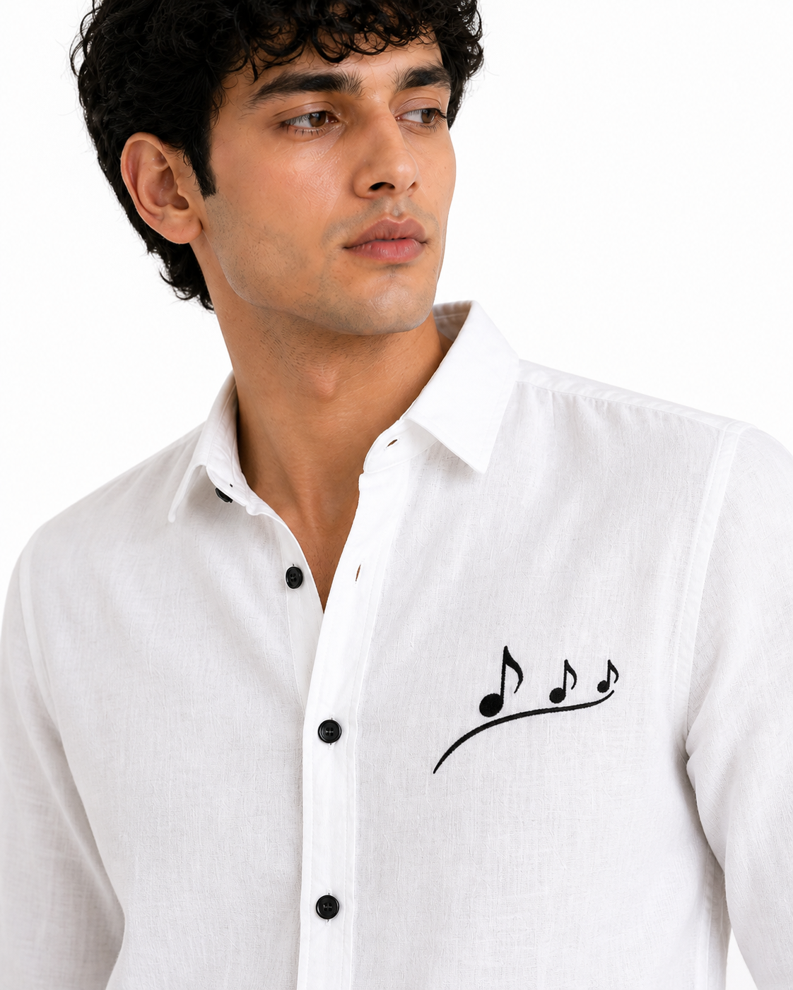 AmsterLily Men’s Linen Shirt with Musical Notes Embroidery