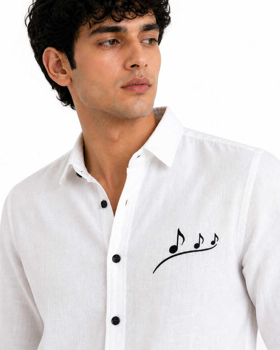 AmsterLily Men’s Linen Shirt with Musical Notes Embroidery