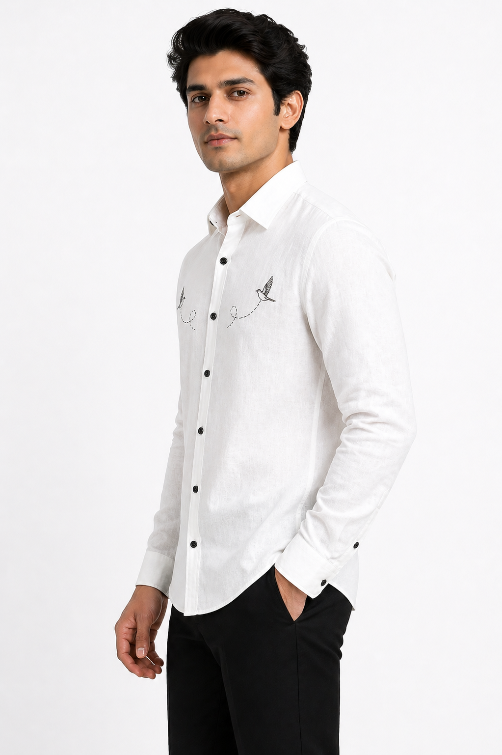 AmsterLily Men’s Linen Shirt with Black Sparrow Embroidery | Regular Fit