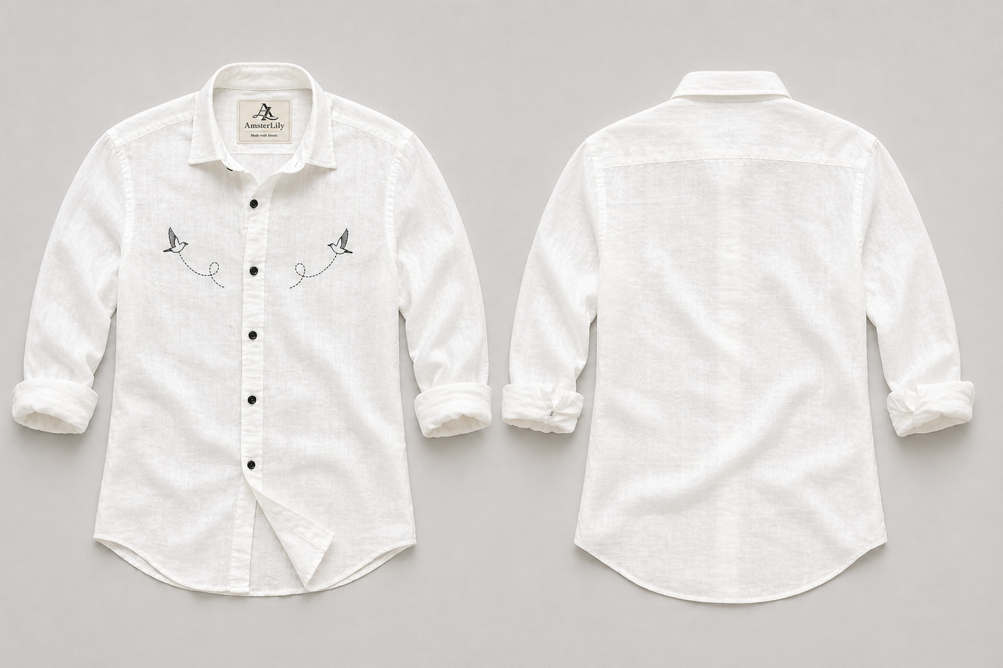 AmsterLily Men’s Linen Shirt with Black Sparrow Embroidery | Regular Fit
