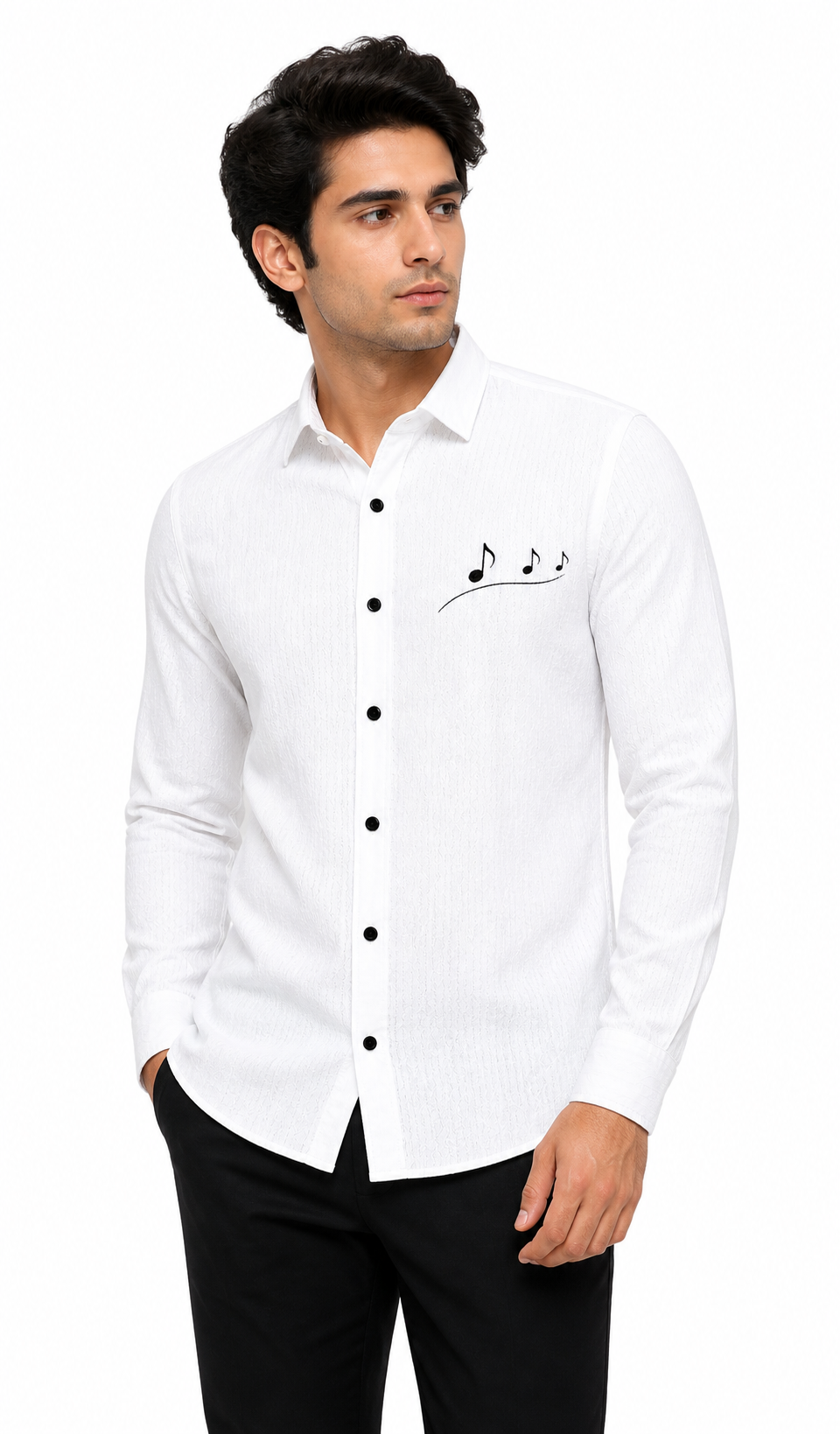 AmsterLily Men’s Linen Shirt with Musical Notes Embroidery
