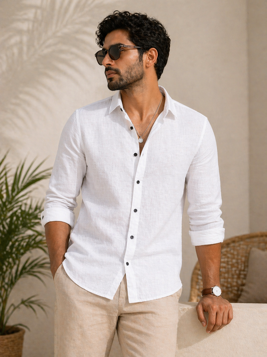 AmsterLily Men’s Plain Linen Shirt – Regular Fit