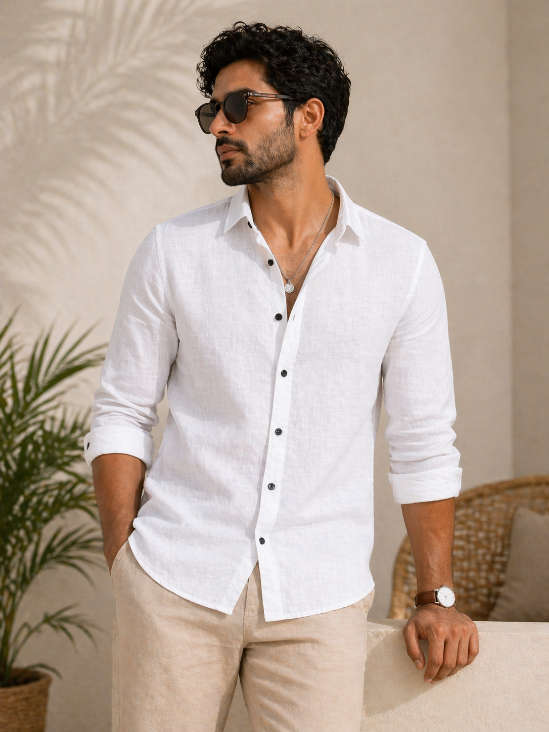 AmsterLily Men’s Plain Linen Shirt – Regular Fit